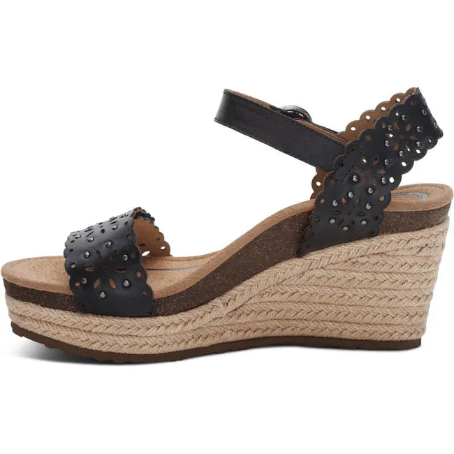 Medial side of Women's Aetrex Sydney Espadrille Wedge Sandal in Black Cutout with back strap