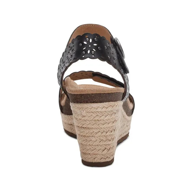 Heel of Women's Aetrex Sydney Espadrille Wedge Sandal in Black Cutout with back strap