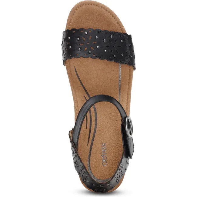 Top down view of Women's Aetrex Sydney Espadrille Wedge Sandal in Black Cutout with back strap