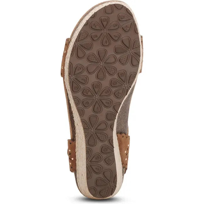Sole of Women's Aetrex Sydney Espadrille Wedge Sandal in Scotch Tan