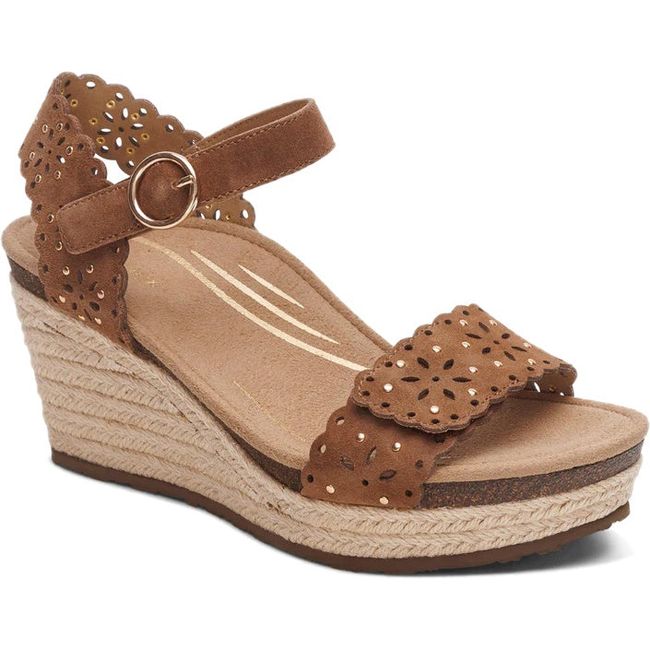 Front angled view of Women's Aetrex Sydney Espadrille Wedge Sandal in Scotch Tan