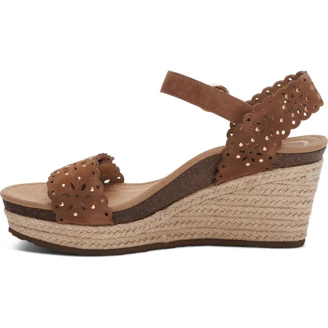 Medial side of Women's Aetrex Sydney Espadrille Wedge Sandal in Scotch Tan with back strap