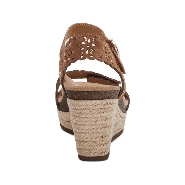 Heel of Women's Aetrex Sydney Espadrille Wedge Sandal in Scotch Tan with back strap