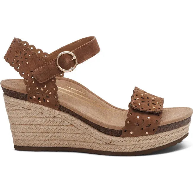 Lateral side of Women's Aetrex Sydney Espadrille Wedge Sandal in Scotch Tan with back strap
