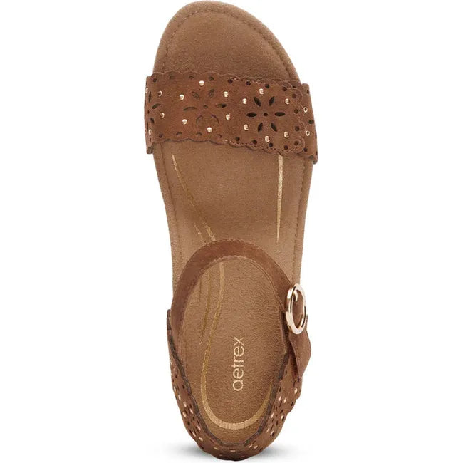 Top down view of Women's Aetrex Sydney Espadrille Wedge Sandal in Scotch Tan with back strap
