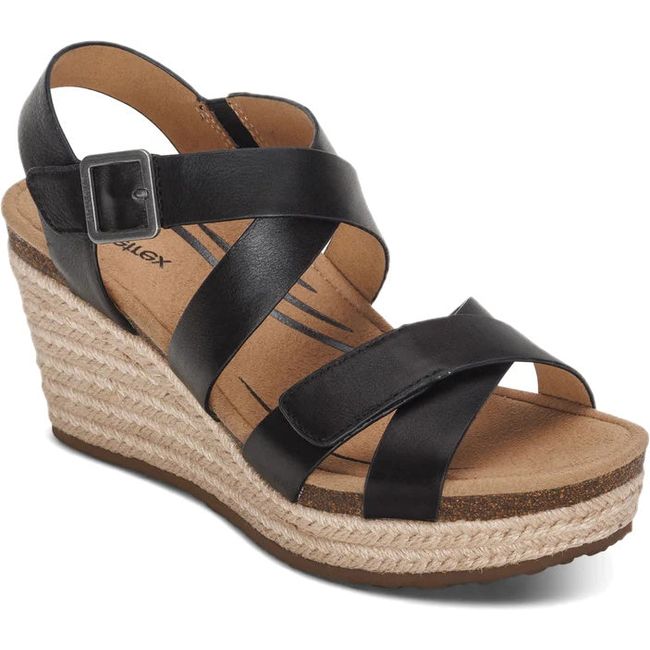Front angled view of Women's Aetrex Anna Arch Support Wedge Sandal in Black