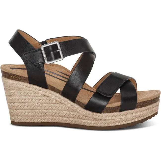 Lateral side of Women's Aetrex Anna Arch Support Wedge Sandal in Black