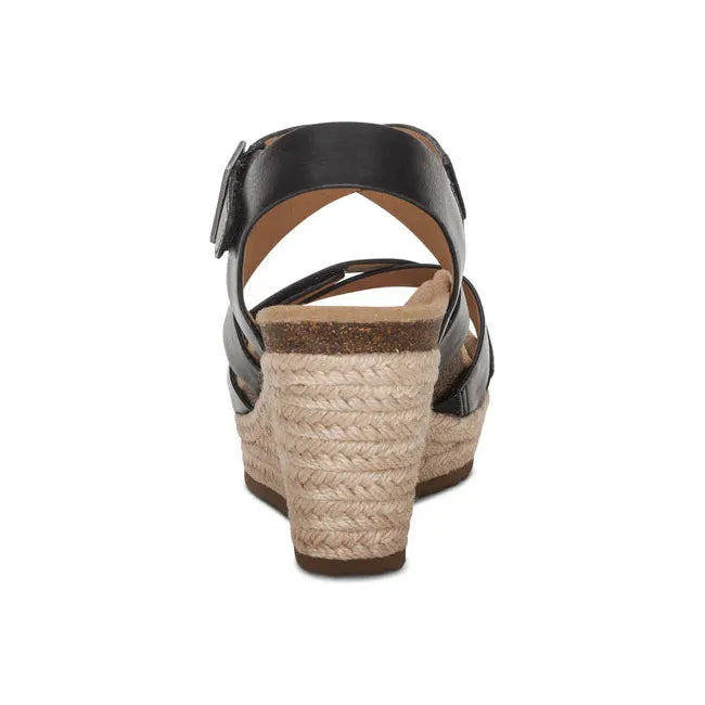 Heel of Women&#39;s Aetrex Anna Arch Support Wedge Sandal in Black with back strap