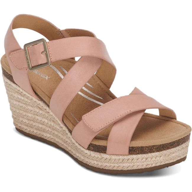 Front angled view of Women&#39;s Aetrex Anna Arch Support Wedge Sandal in Rose Pink