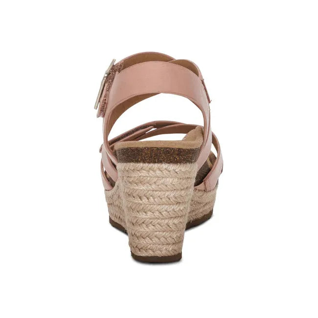 Heel of Women&#39;s Aetrex Anna Arch Support Wedge Sandal in Rose Pink with back strap