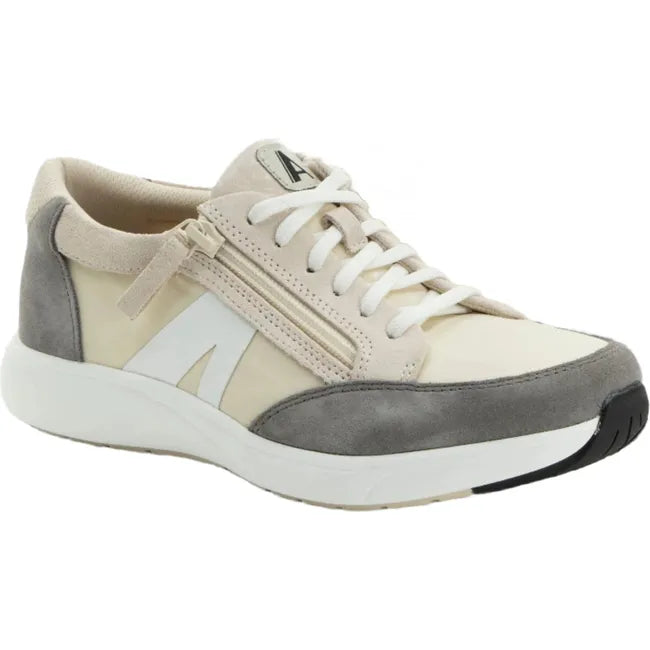 Front angled view of Women's Alegria Eazeer Parchment Shoe in parchment beige with side zipper