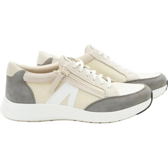 Lateral side of Women's Alegria Eazeer Parchment Shoes in parchment beige with side zipper