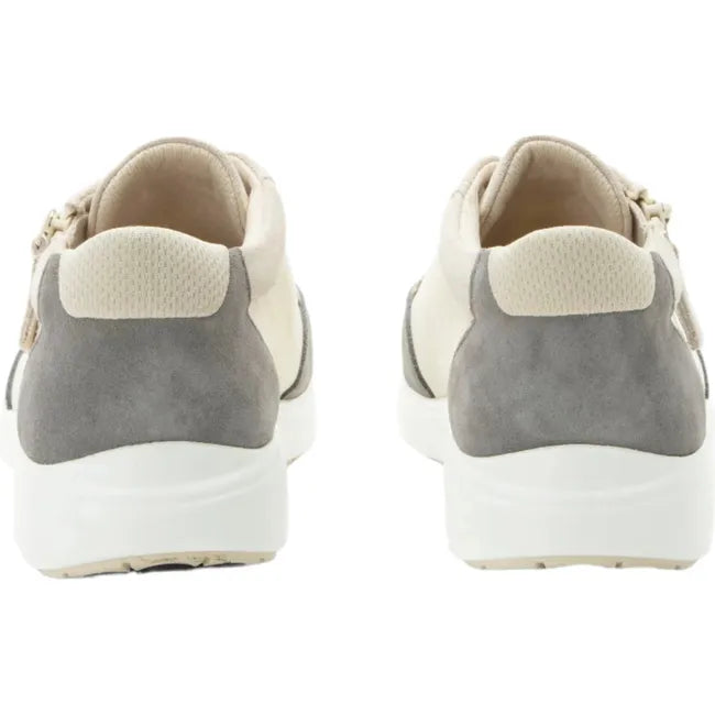 Heels of Women's Alegria Eazeer Parchment Shoes in parchment beige with gray suede heel