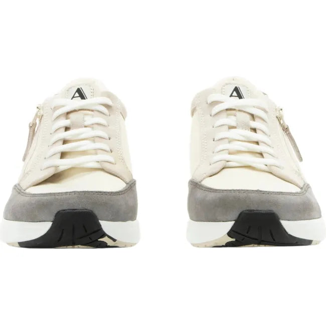 Front of Women's Alegria Eazeer Parchment Shoes in parchment beige with gray suede toe guard