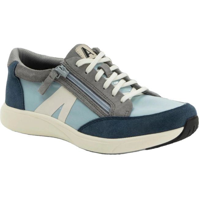 Front angled view of Women's Alegria Eazeer Shoe in tempest blue with side zipper