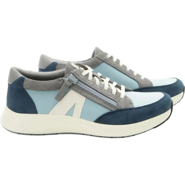Lateral view of Women's Alegria Eazeer Shoes in tempest blue with side zipper