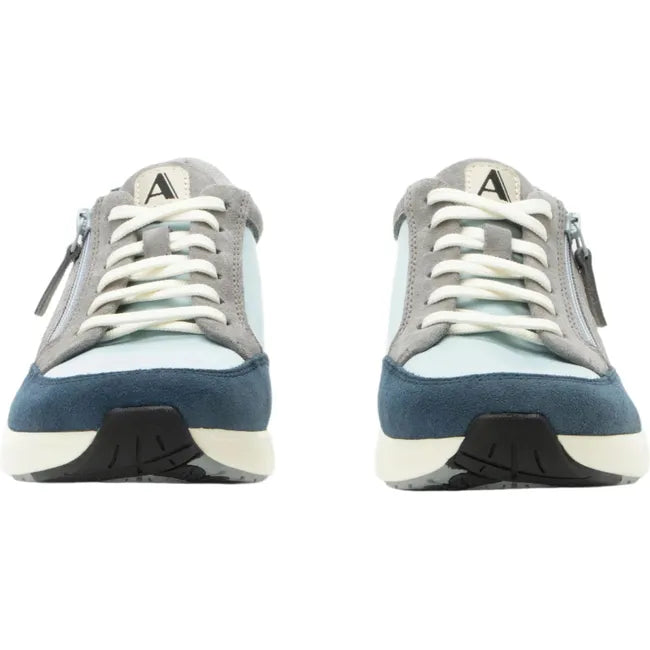 Front of Women's Alegria Eazeer Shoes in tempest blue with navy suede toe gaurd