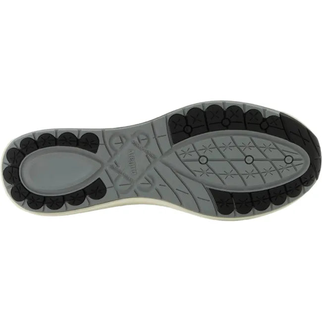 Sole of Womens Alegria Eazeer Shoe in tempest blue with gray and black slip resistant tread