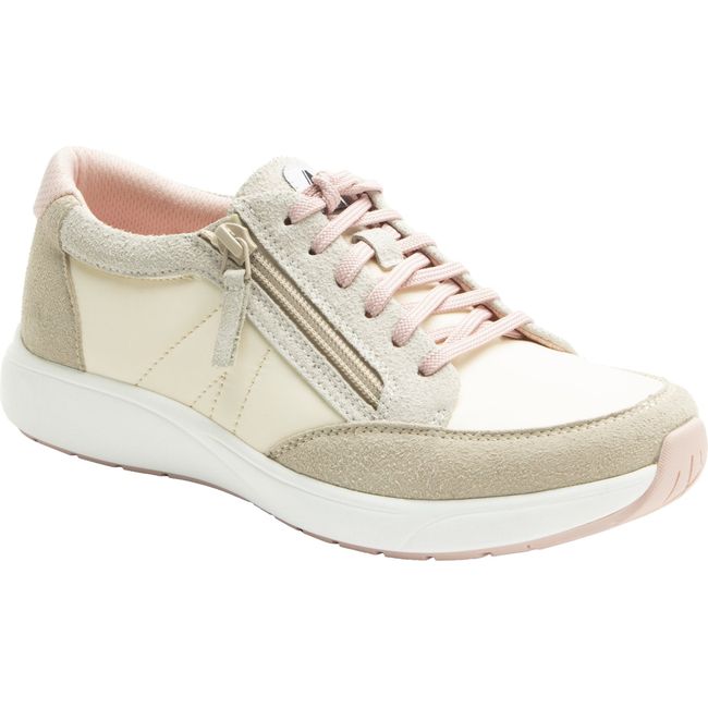 Front angled view of Women's Alegria Eazeer Sneaker in Beige and Pink Sorbet with side zipper