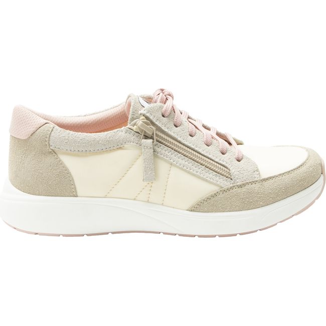 Lateral side of Women's Alegria Eazeer Sneaker in Beige and Pink Sorbet with side zipper