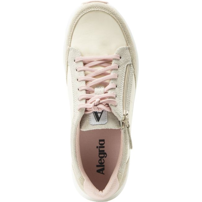 Upper of Women's Alegria Eazeer Sneaker in Beige and Pink Sorbet with lace up closure