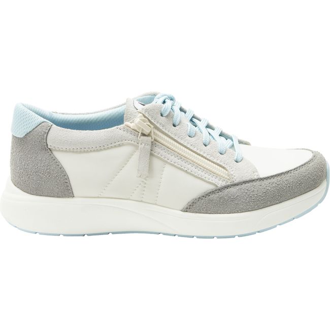 Lateral side of Women's Alegria Eazeer Sneaker in Moonstone Beige and Blue with side zipper