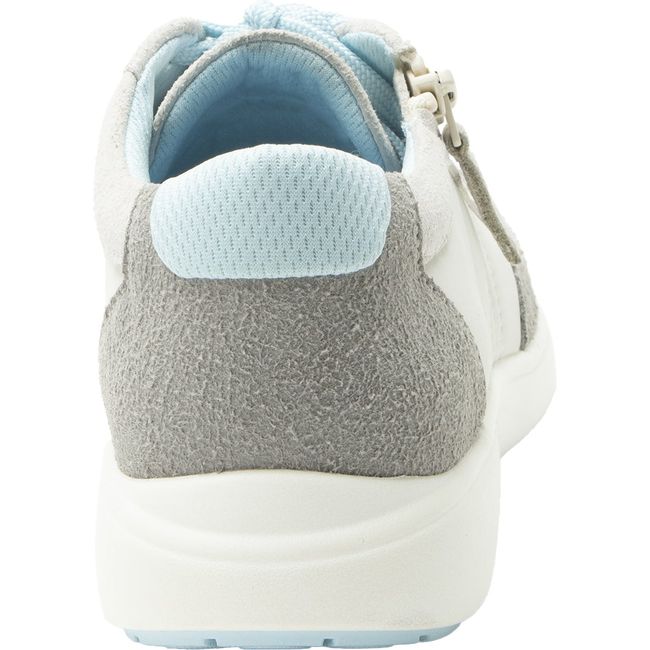 Heel of Women's Alegria Eazeer Sneaker in Moonstone Beige and Blue with grey suede heel accent