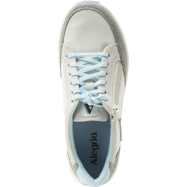 Upper of Women's Alegria Eazeer Sneaker in Moonstone Beige and Blue with lace up closure