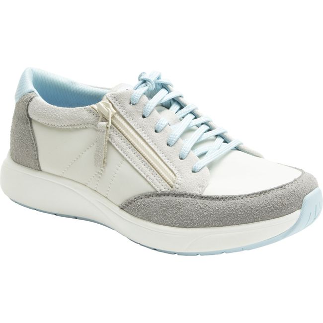 Front angled view of Women's Alegria Eazeer Sneaker in Moonstone Beige and Blue with side zipper