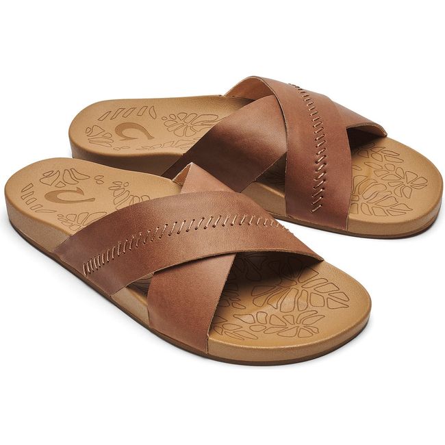 Pair of Women's Olukai Kipe'a 'Olu Sandals in Sahara tan leather