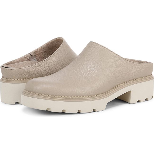 Pair of Women's Vionic Fairfax Mule in Oatmeal beige leather with white sole showing heel and front