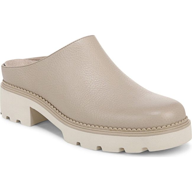 Front angled view of Women's Vionic Fairfax Mule in Oatmeal beige leather with white sole