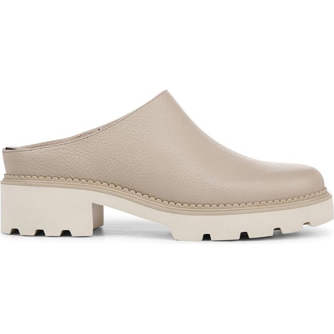 Lateral side of Women's Vionic Fairfax Mule in Oatmeal beige leather with white sole