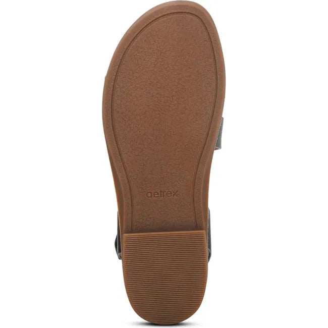 Tan sole of Women's Aetrex Tamara Arch Support Sandal in Black leather upper