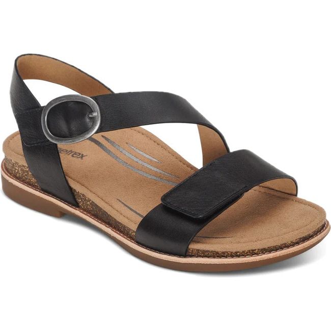 Front angled view of Women's Aetrex Tamara Arch Support Sandal in Black leather
