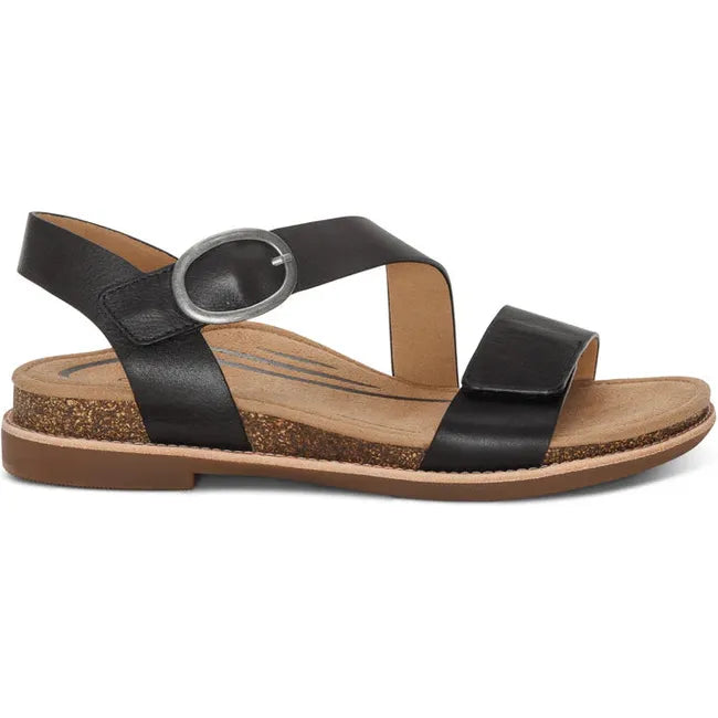 Lateral side of Women's Aetrex Tamara Arch Support Sandal in Black leather with back strap