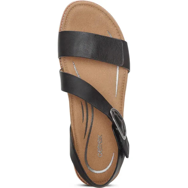 Top down view of Women's Aetrex Tamara Arch Support Sandal in Black leather with back strap
