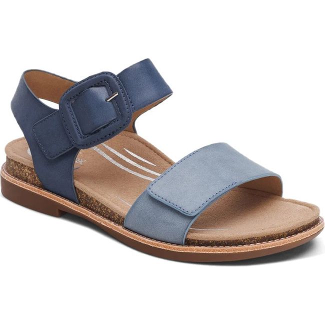 Front angled view of Women's Aetrex Claire Arch Support Sandal in Navy and blue