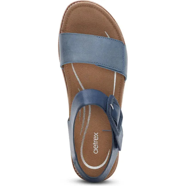 Top down view of Women's Aetrex Claire Arch Support Sandal in Navy and blue with velcro straps