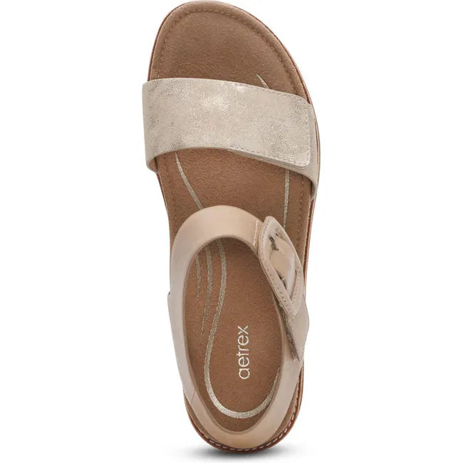 Top down view of Women's Aetrex Claire Arch Support Sandal in Champagne with adjustable straps