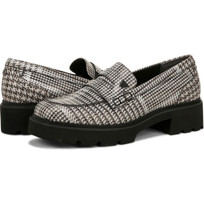 Pair of Womens Vionic Fillmore Penny Loafer in Black White Houndstooth plaid upper with black sole