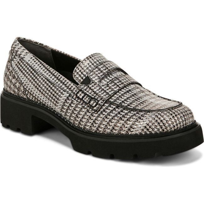 Front angled view of Womens Vionic Fillmore Penny Loafer in Black White Houndstooth plaid upper