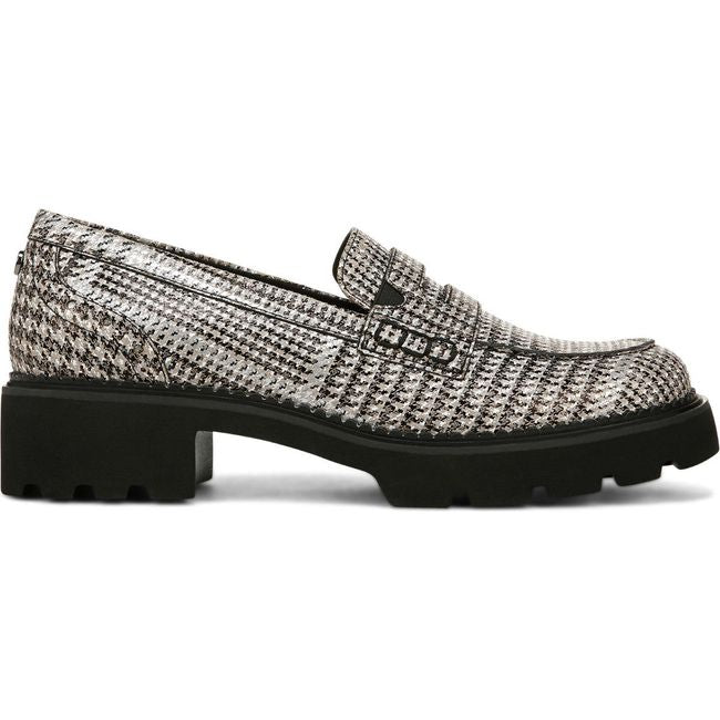 Lateral side of Womens Vionic Fillmore Penny Loafer in Black White Houndstooth plaid upper