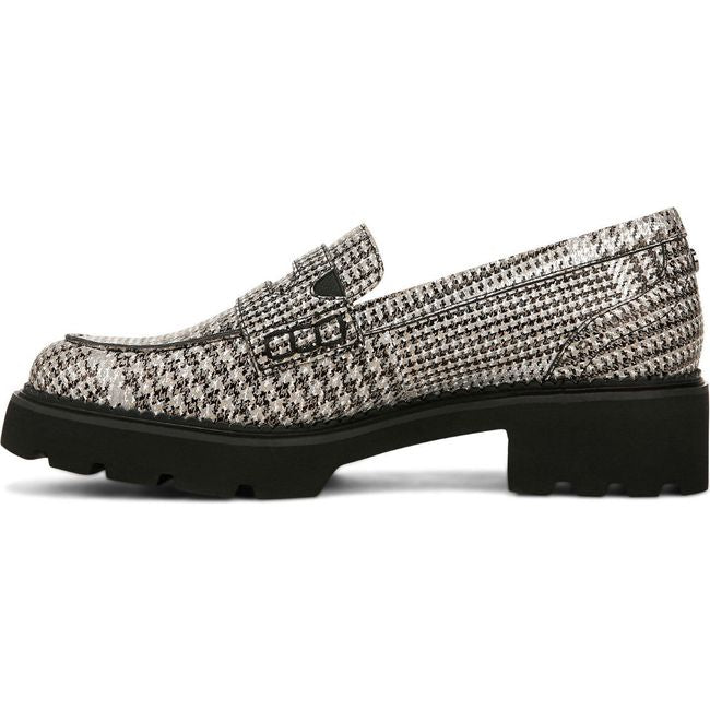 Medial side of Womens Vionic Fillmore Penny Loafer in Black White Houndstooth plaid upper