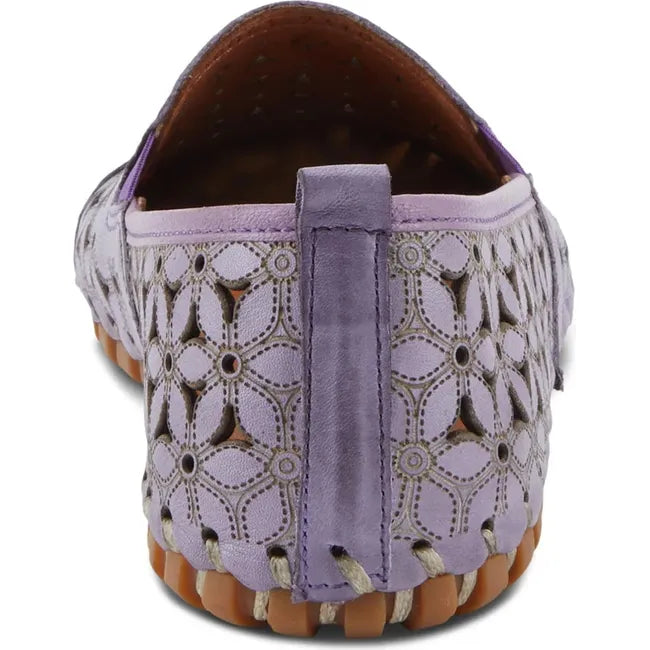 Heel of Women's SpringStep Flowerflow Flat in purple leather with floral cutouts. Slip on entry