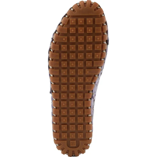 Sole of Women's SpringStep Flowerflow Flat in purple leather upper with square pattern brown tread