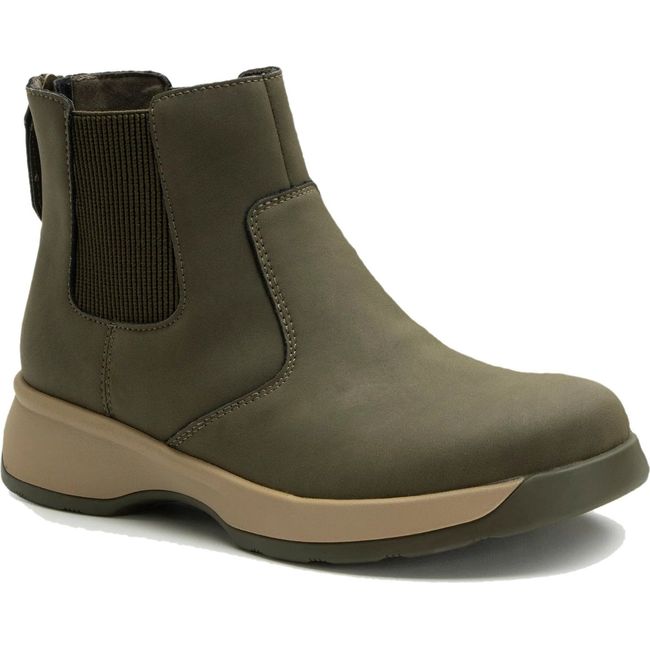 Front angled view of Women's Alegria Frankie Chelsea Boot in oregano green with tan sole