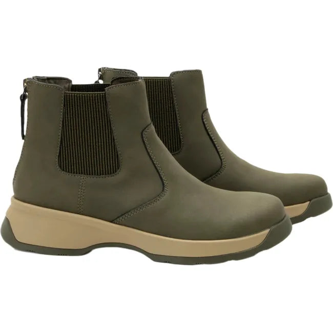 Lateral side of Women's Alegria Frankie Chelsea Boots in oregano green with tan sole