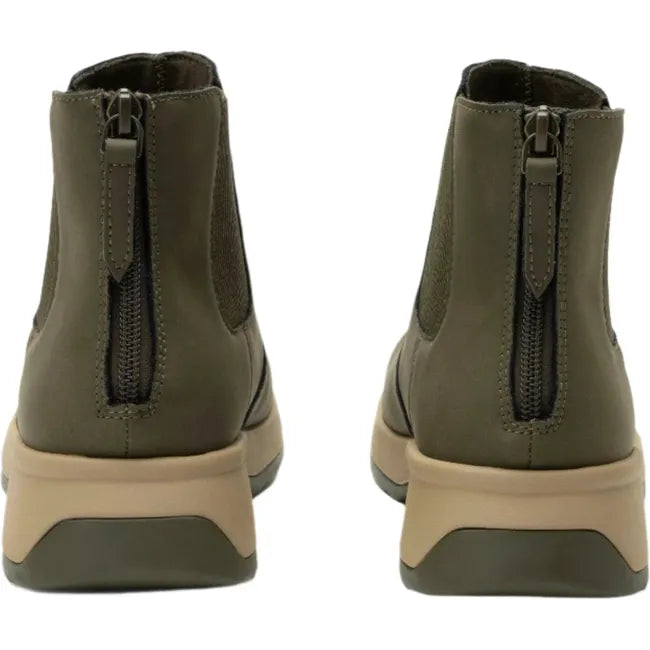 Heels of Women's Alegria Frankie Chelsea Boots in oregano green with tan sole and heel zippers