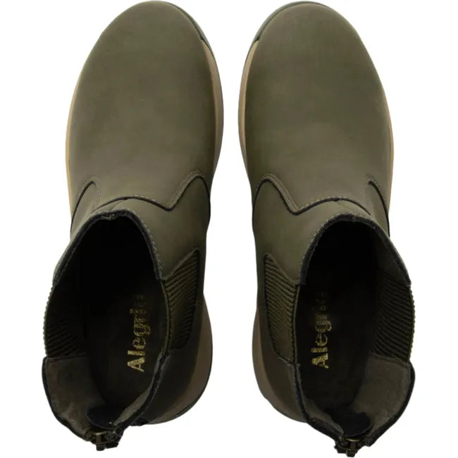 Lateral side of Women's Alegria Frankie Chelsea Boots in oregano green with heel zippers